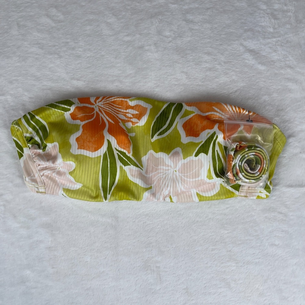 Shade & Shore Bandeau Bikini Top Womens 36D Green Floral Ribbed Hidden Underwire